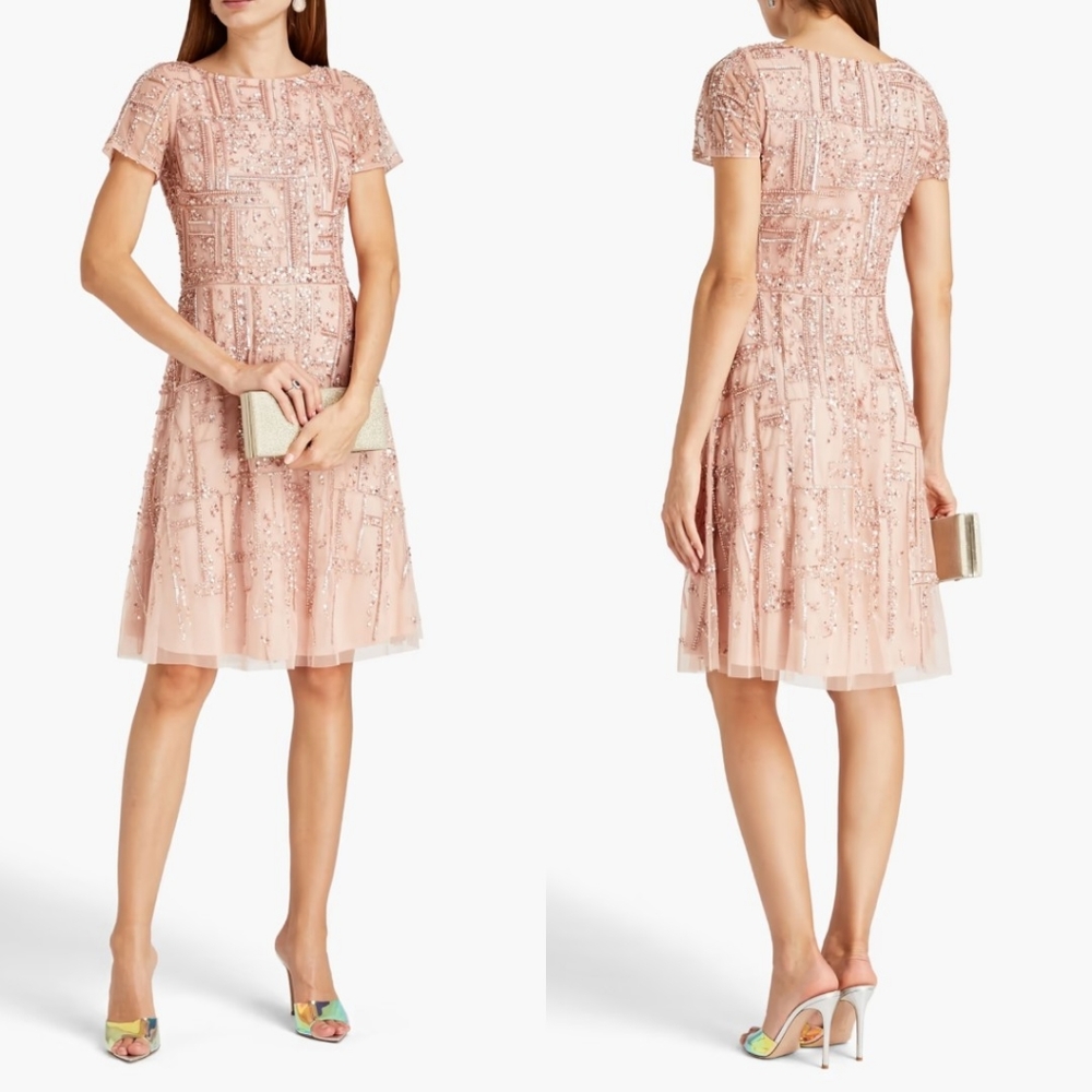 Aidan Mattox Short Sleeve Beaded Tulle Dress